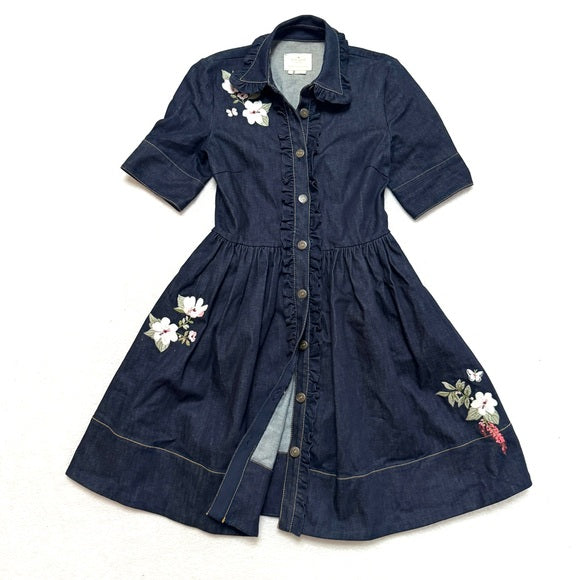 kate spade denim dress Taxi weather outfit.Known for redefining the handbag Denim Flower Jean Dress By
